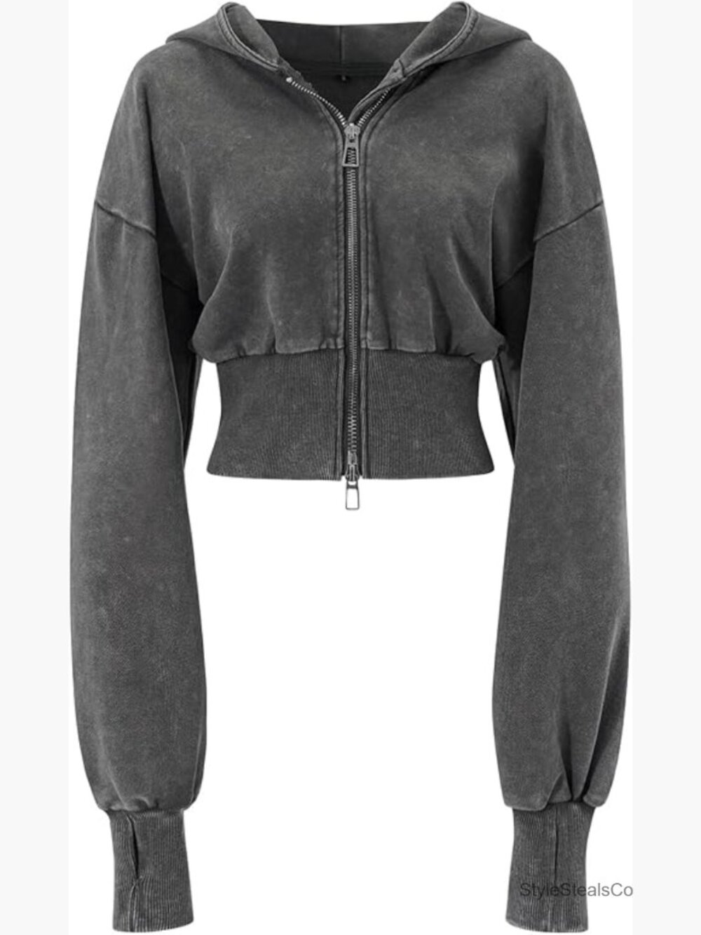 Cropped Zip Up Hoodie Slim Fit Long Sleeve Acid Wash Athletic Sweatshirt